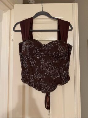 Brown Embellished Floral Corset Bodysuit